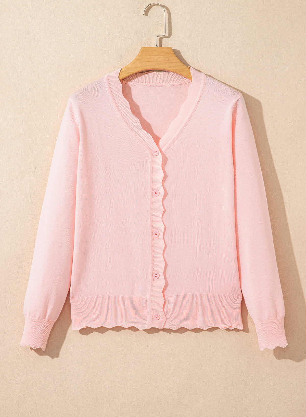 Pink Solid Color Button Knitted Cardigan