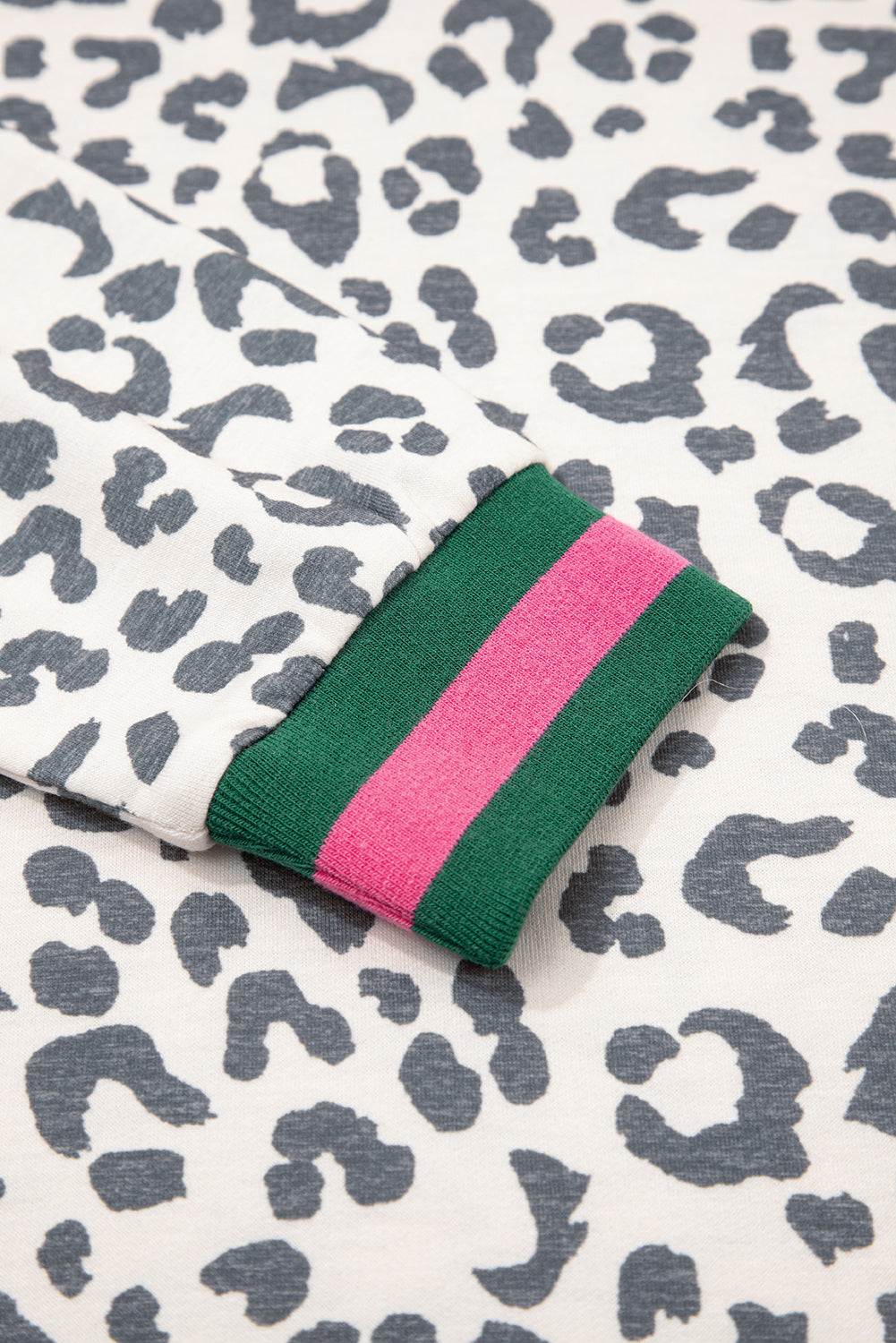 Gray Leopard Contrast Trim Long Sleeve Pullover and Pants Set