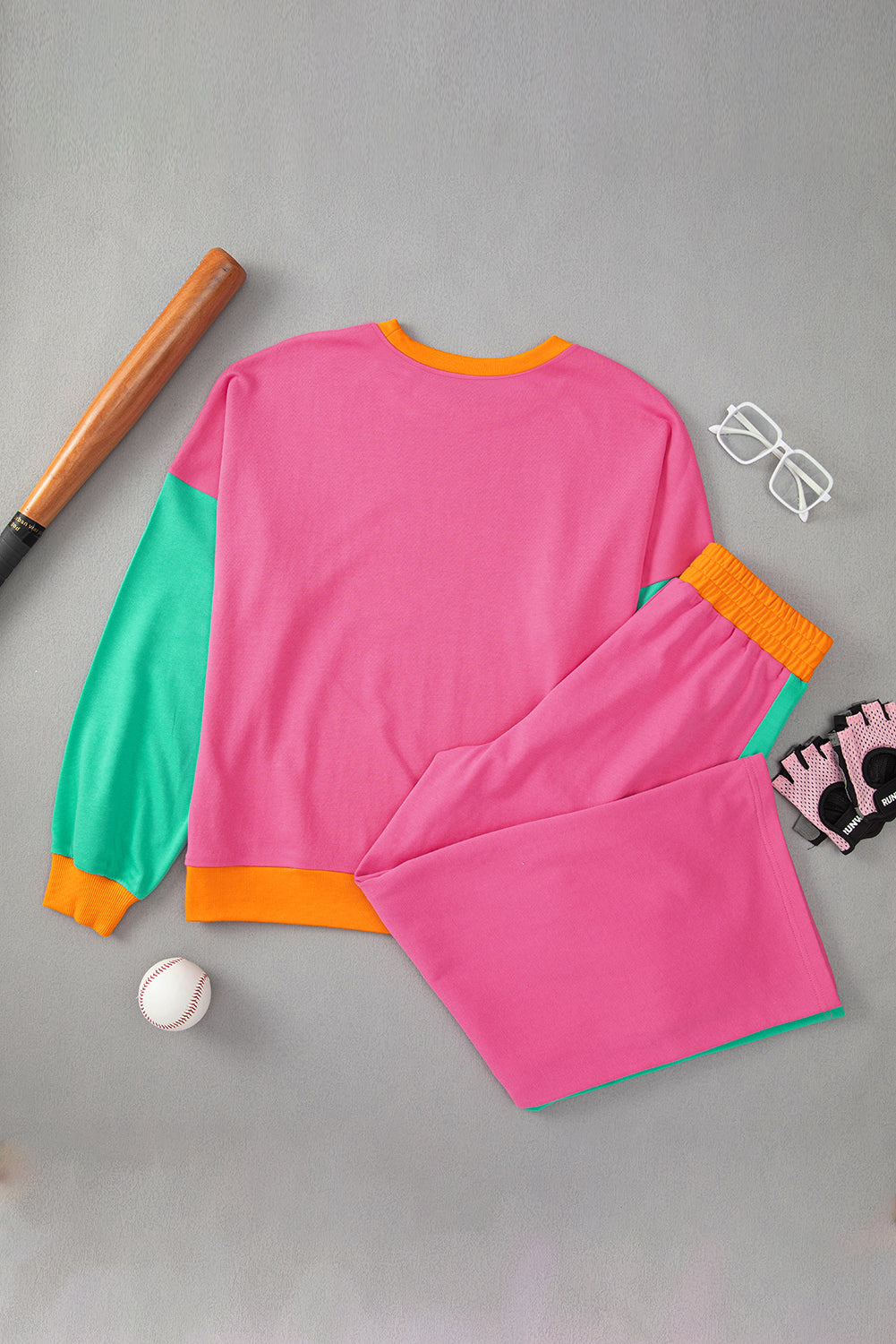 Rose Red Colorblock Patchwork Long Sleeve Top and Pants Set