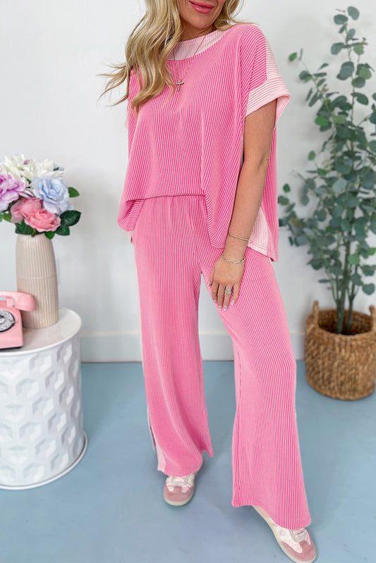 Sachet Pink Colorblock Patchwork Corded Pants Set