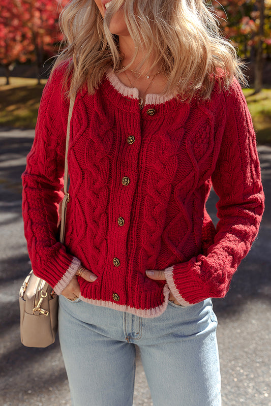 Racing Red Contrast Edge Twist Cable Knit Buttoned Cardigan