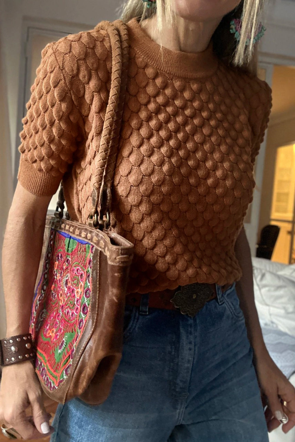 White Fish Scale Textured Knit Ribbed High Neck Short Sleeve Sweater