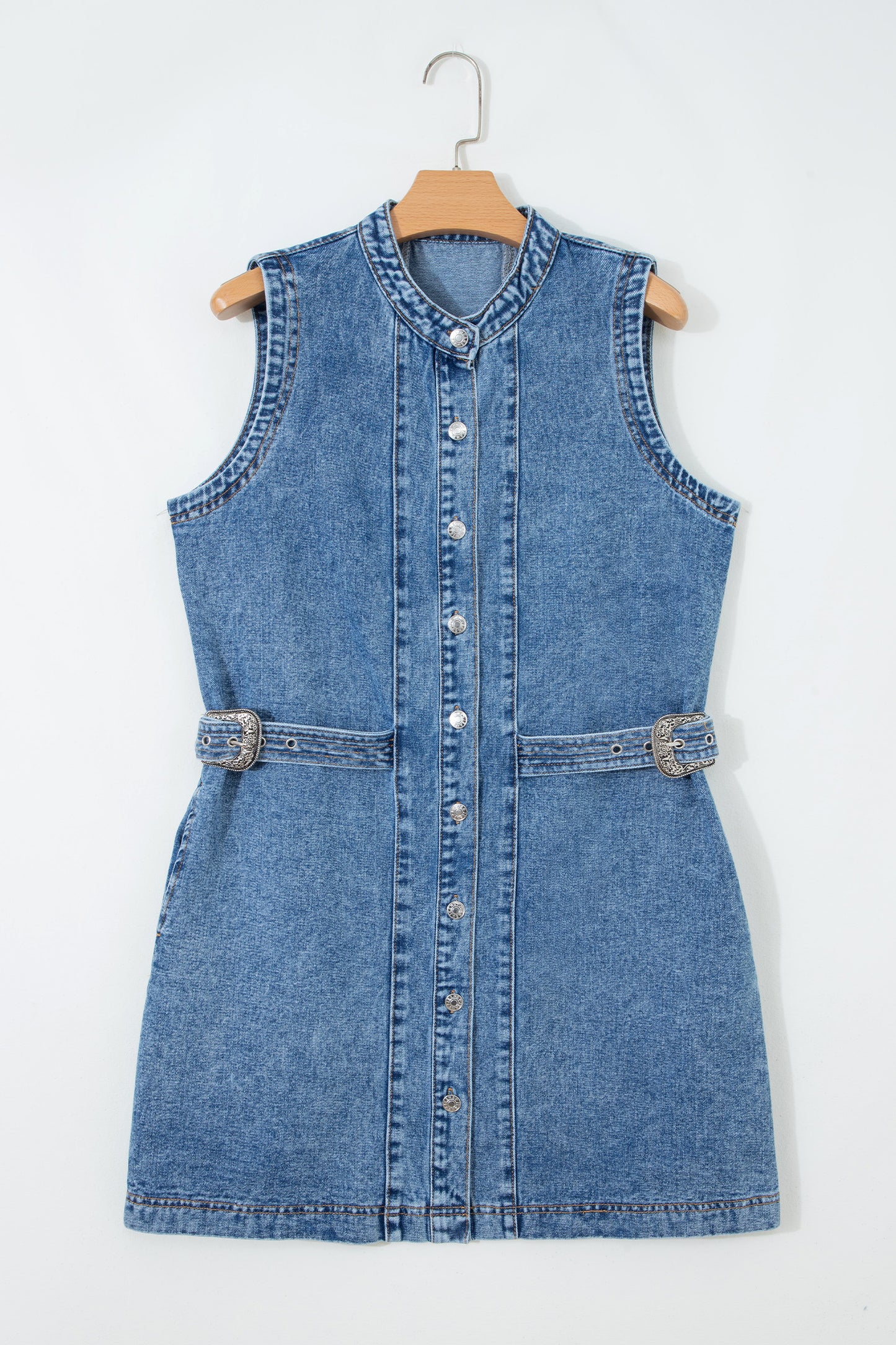 Myosotis Western Belt Button Down Sleeveless Denim Short Dress
