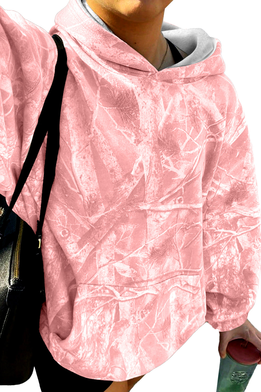 Light Pink Camouflage Plant Print Kangaroo Pocket Oversized Hoodie