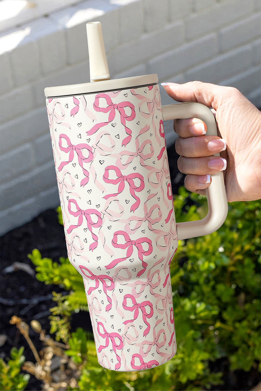 Bright Pink Bow Heart Print Tumbler Cup