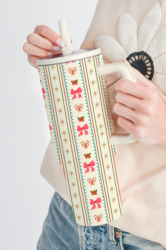 White Christmas Sweet Bow Print Travel Mug with Handle and Straw