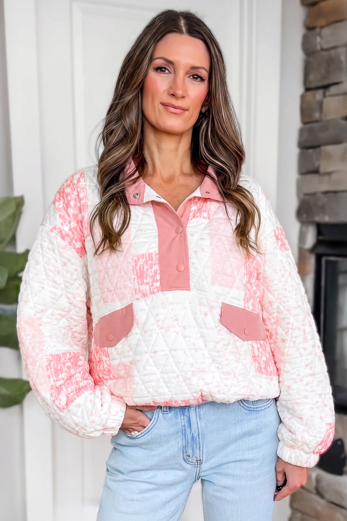 Floral Quilted Henley Pullover