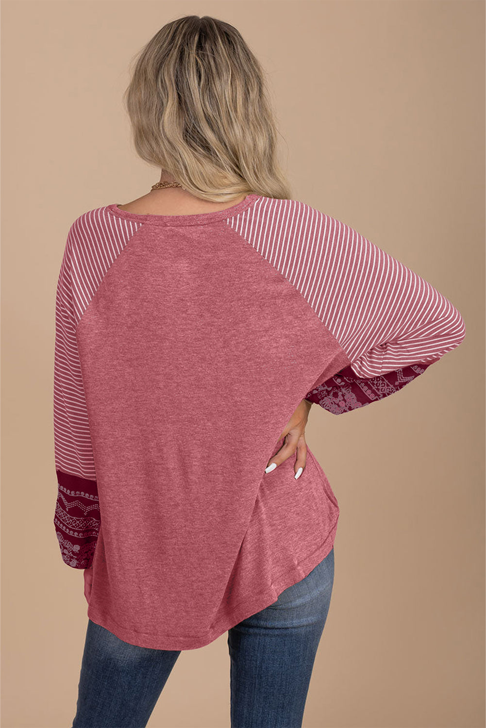 Mineral Red Contrast Print Striped Raglan Long Sleeve Loose Top