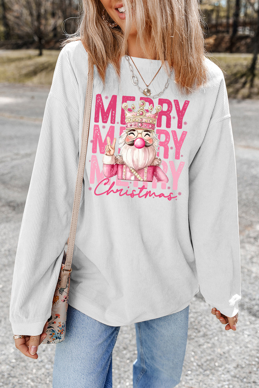White Twisted Ribbed Merry Christmas Nutcracker King Heat Transfer Printing Sweatshirt