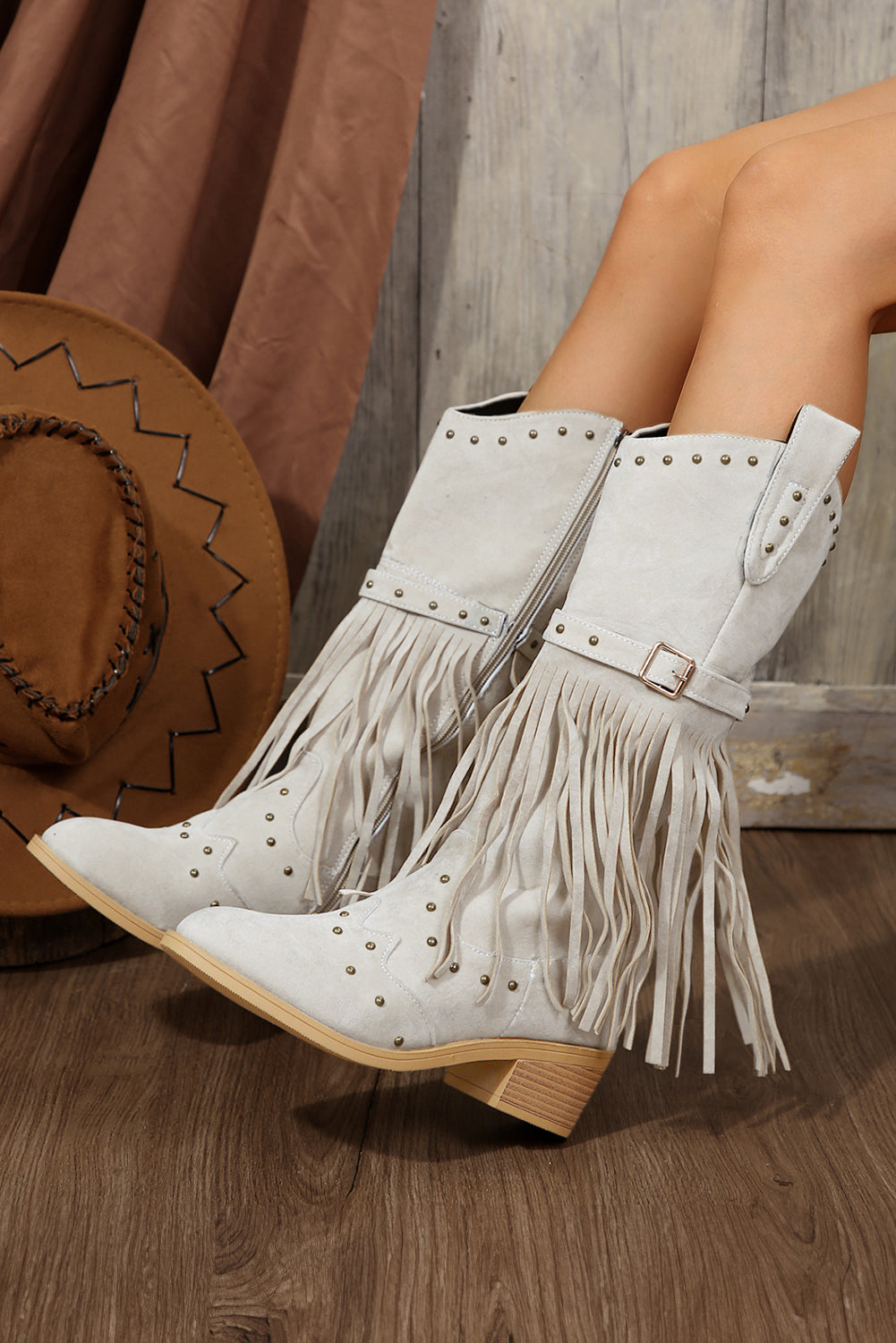 Jet Stream Faux Suede Studded Fringe Trim Heel Boots