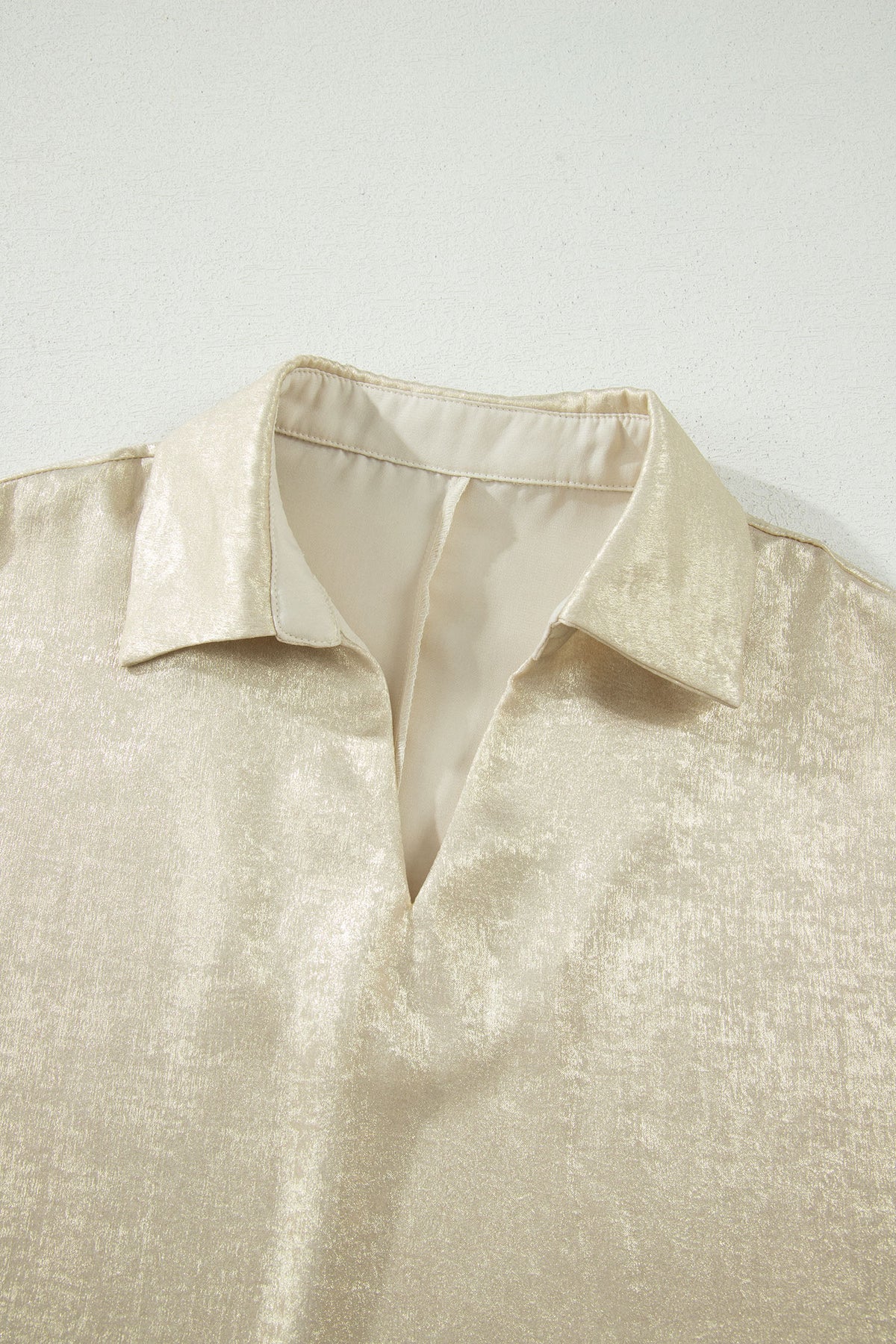 Strawberry Pink Collared V Neck Half Sleeve Metallic Top