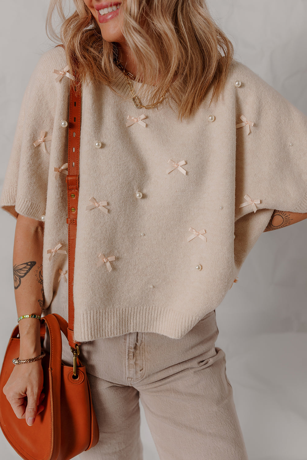 Oatmeal Pearl Bow Embellished Dolman Short Sleeve Sweater