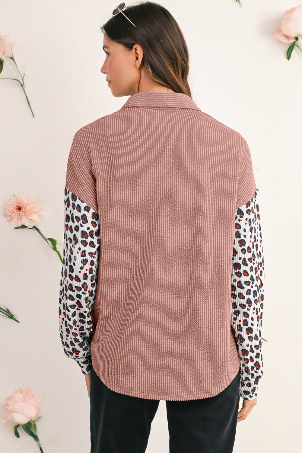 Dark Khaki Leopard Patchwork Twisted Ribbed Casual Shacket