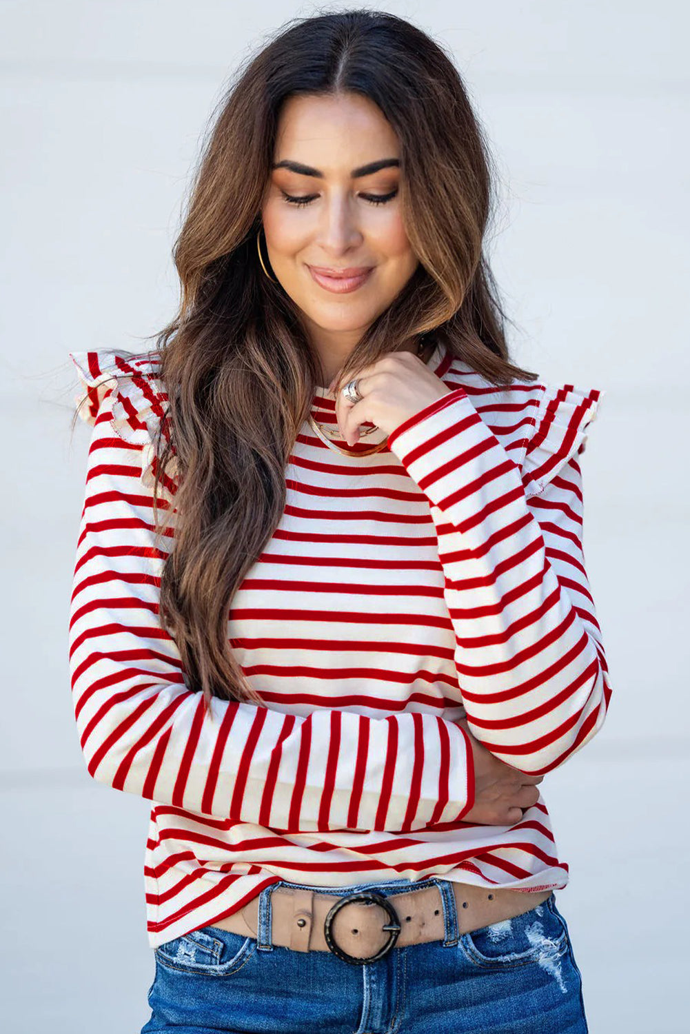 Red Striped Ruffle Shoulder Long Sleeve Top