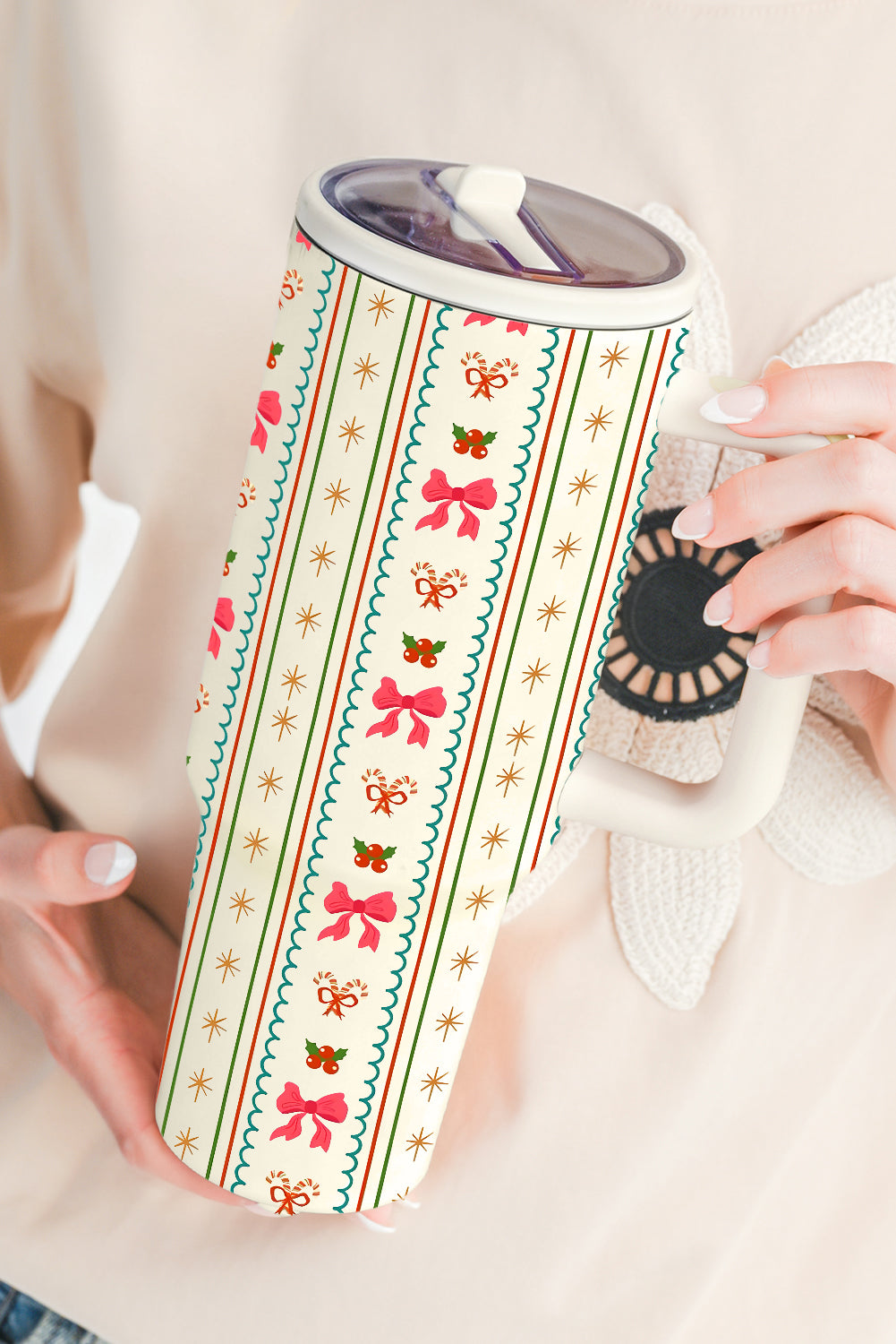 White Christmas Sweet Bow Print Travel Mug with Handle and Straw