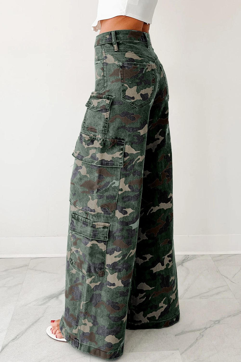 Green Camo Multi Pocket Cargo Wide Leg Jeans