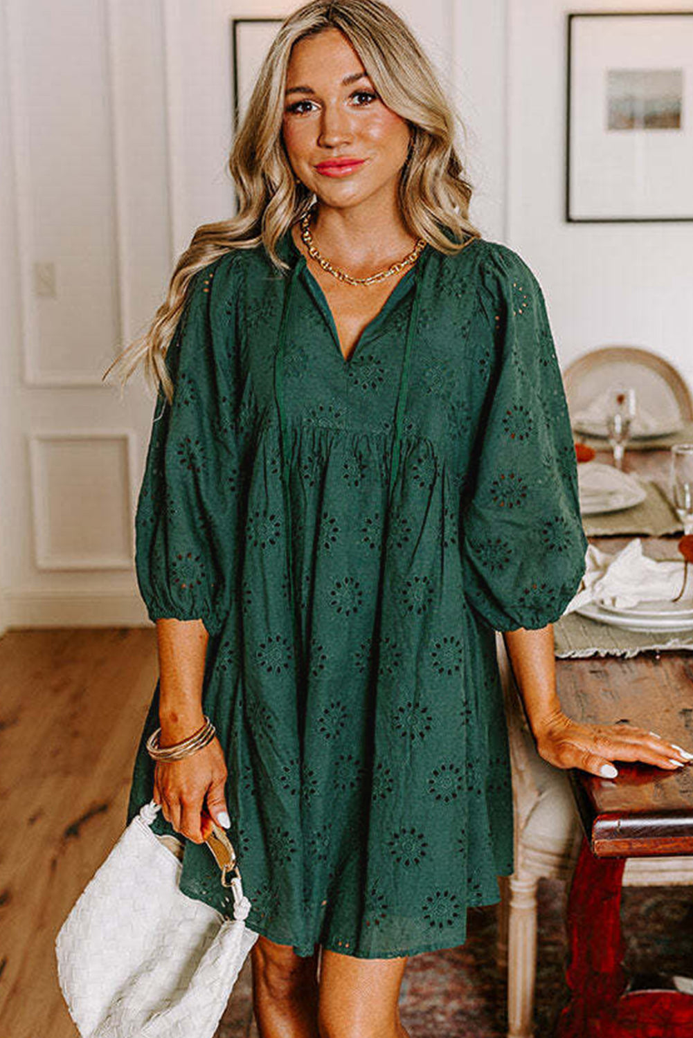 Blackish Green Embroidered Eyelet Pattern Puff Sleeve Mini Dress