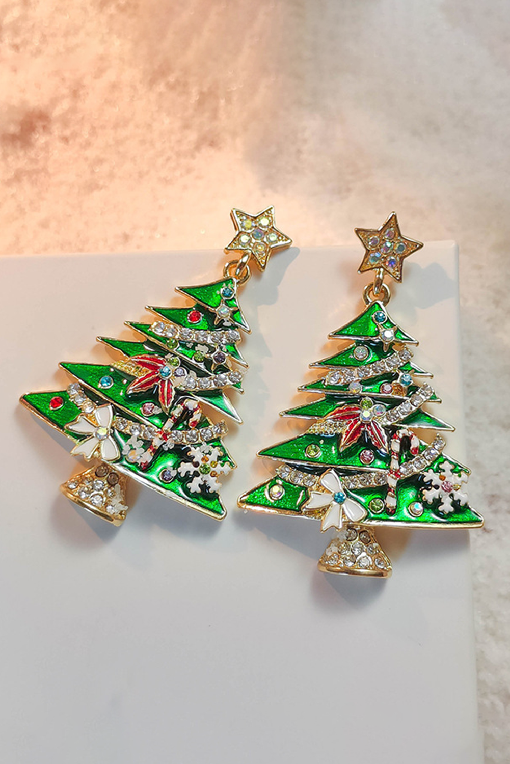 Bright Green Rhinestone Christmas Tree Drop Earrings