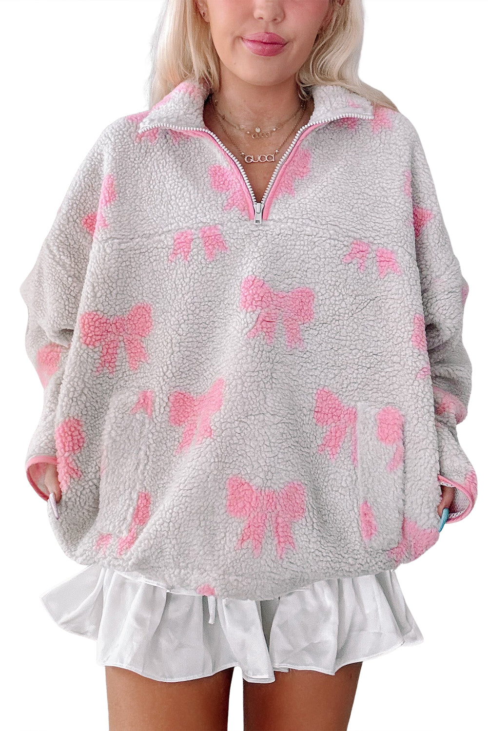 Gray Quarter Zip Bow Pattern Sherpa Baggy Sweatshirt