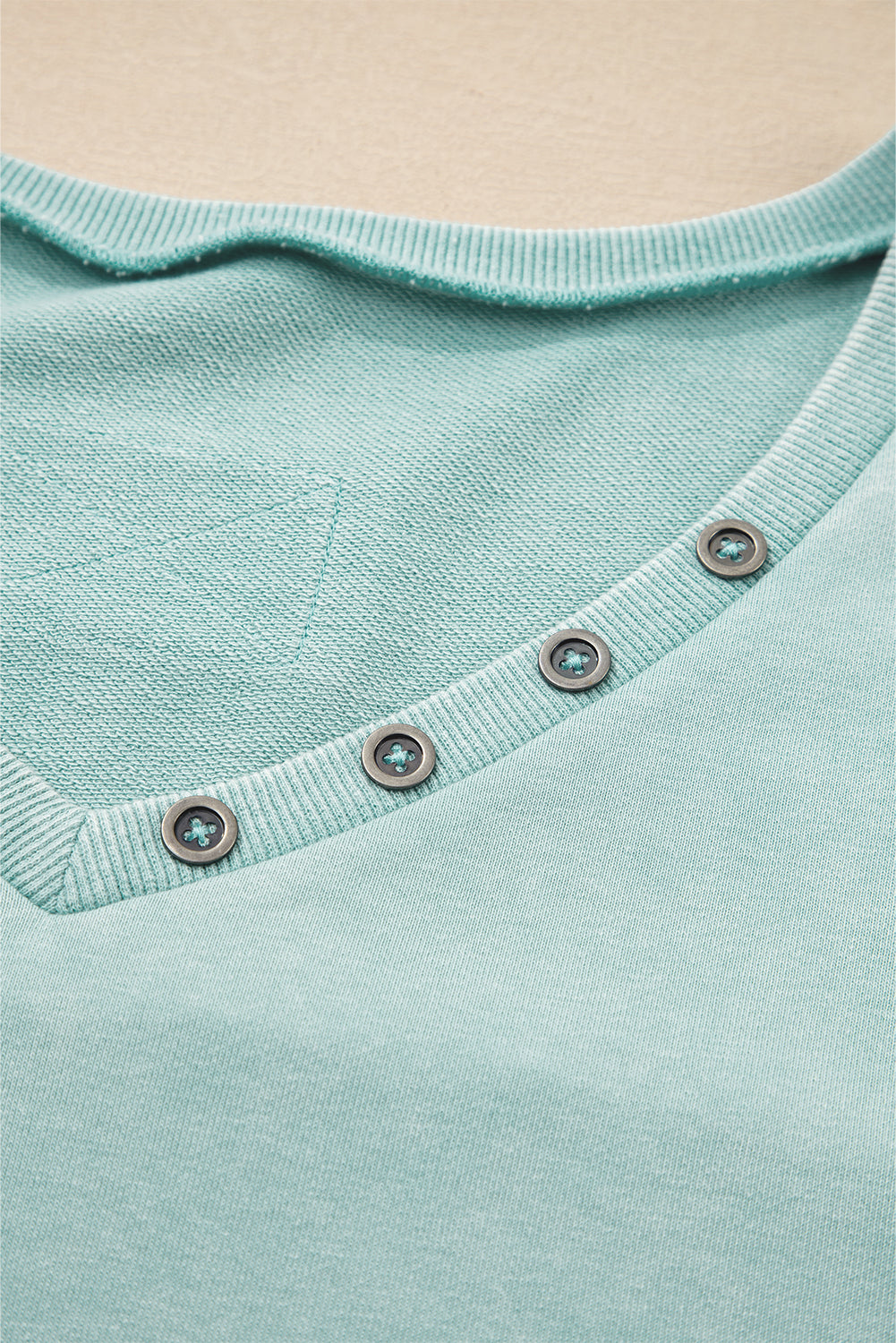 Carbon Grey Mineral Wash Exposed Seam Buttoned V Neck Pullover Top