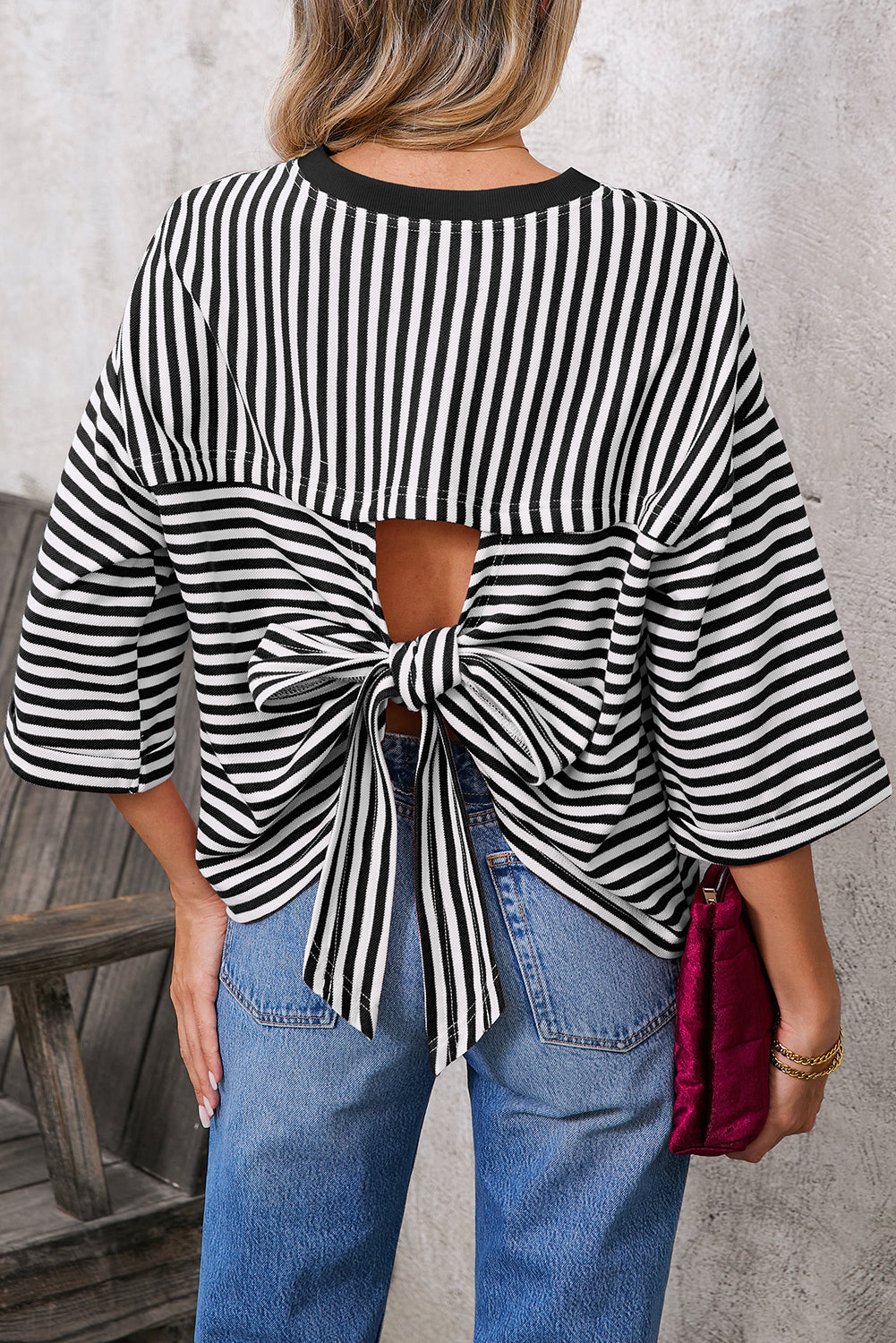 Pink Striped Bowknot Backless Drop Sleeve T-Shirt