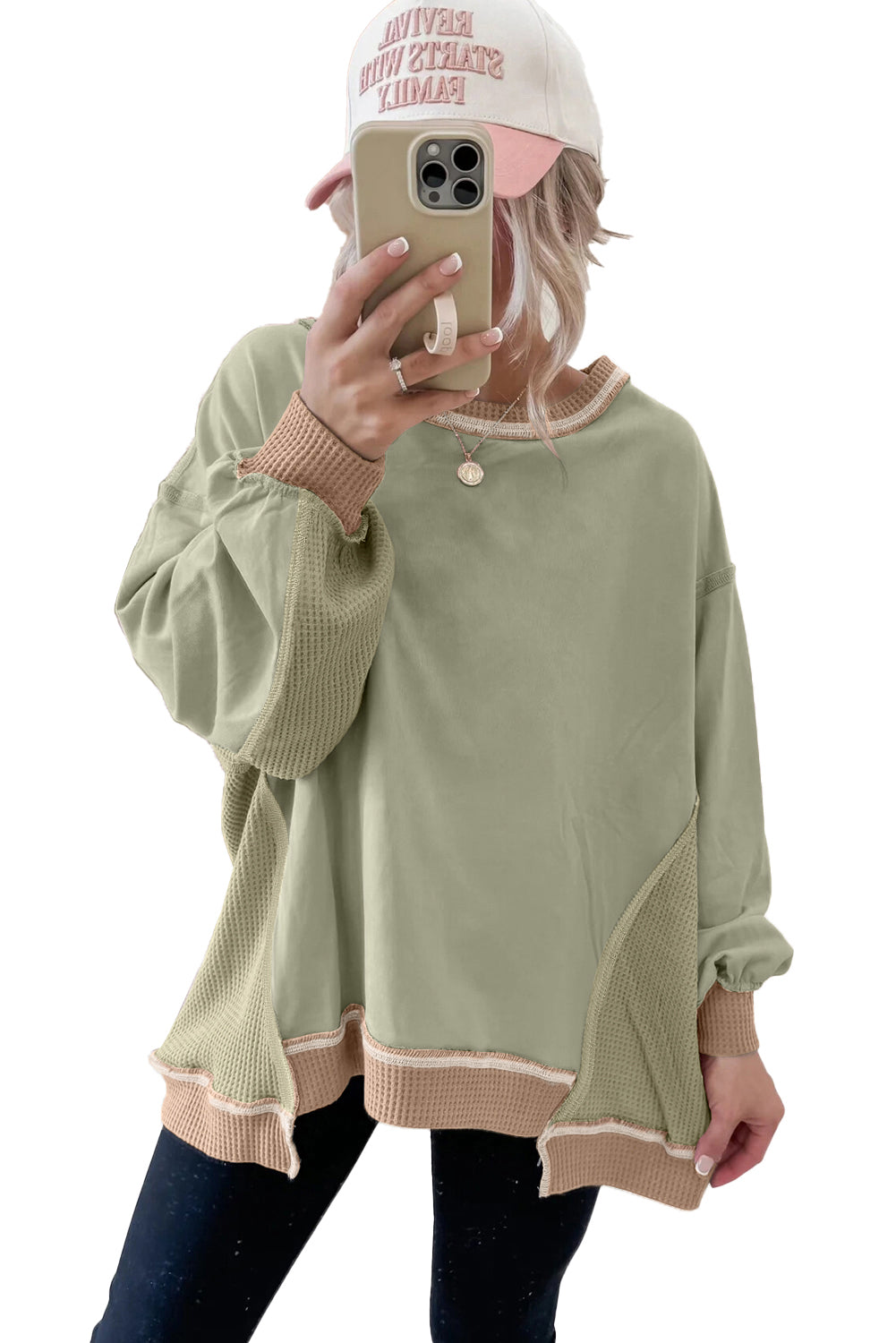 Smoke Green Colorblock Waffle Patchwork Oversize Sweatshirt