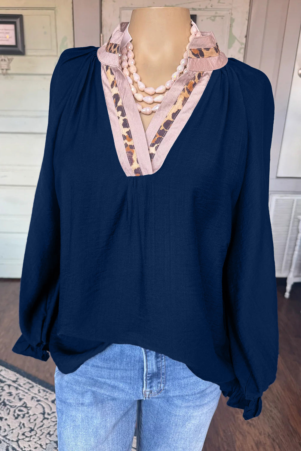 Dirty blue Leopard Trim V Neck Flounced Bracelet Sleeve Blouse