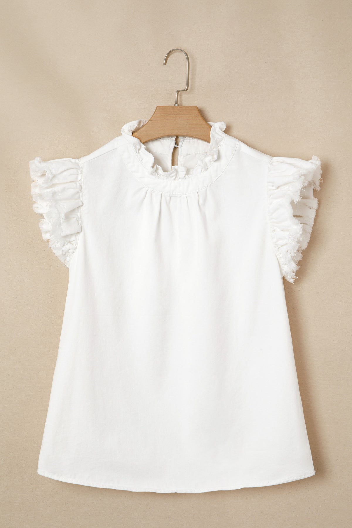 White Frilled Collar Flutter Sleeve Denim Top