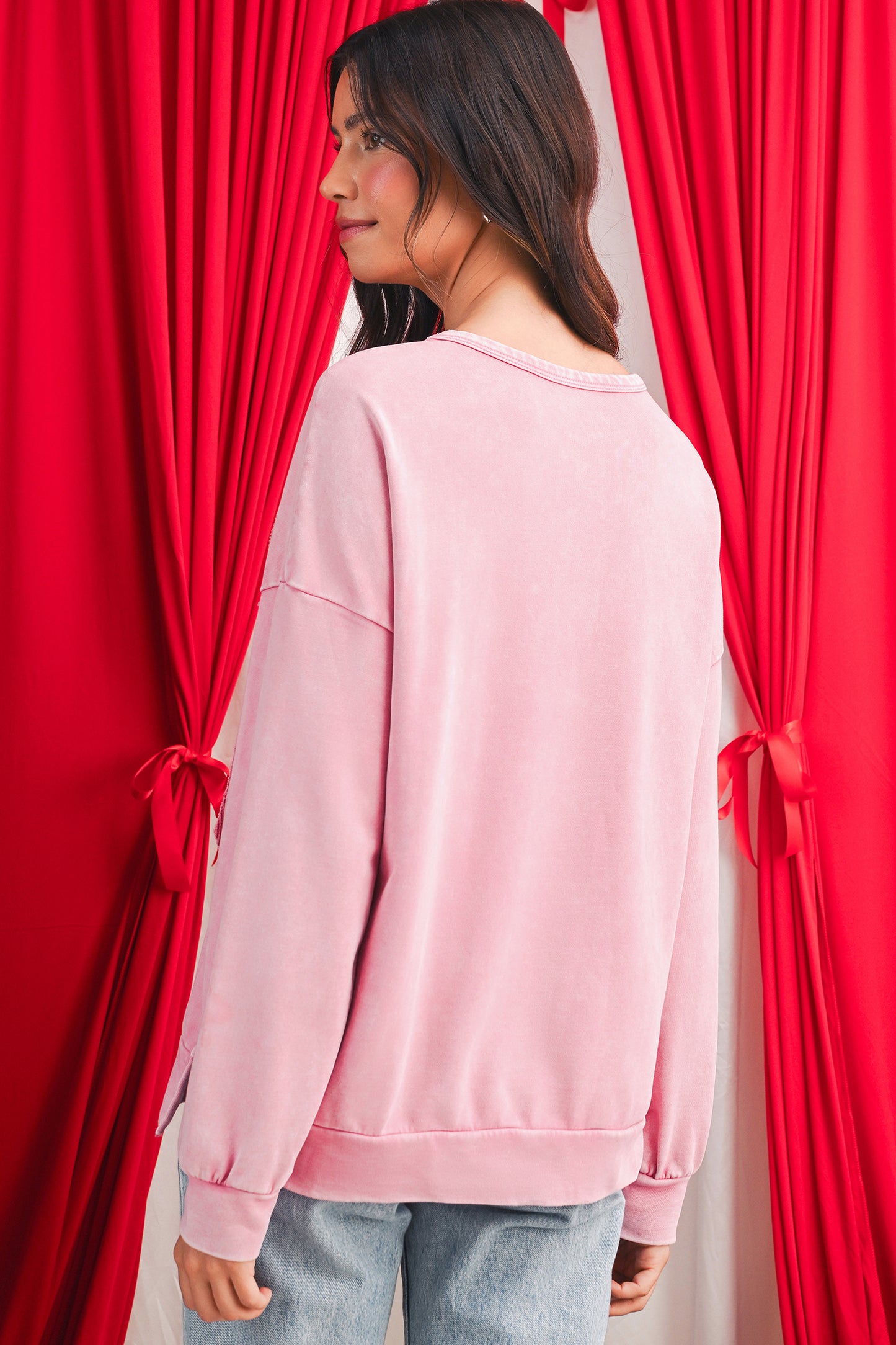 Orchid Bouquet Mineral Wash Waffle Bow Patched Pullover Sweatshirt