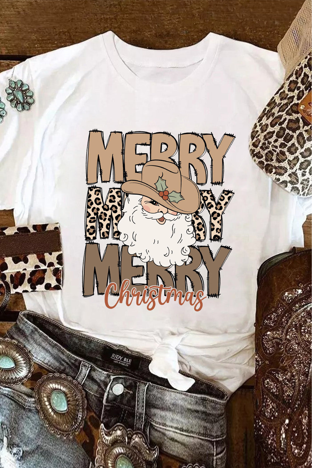 White Merry Christmas Western Santa Claus T Shirt