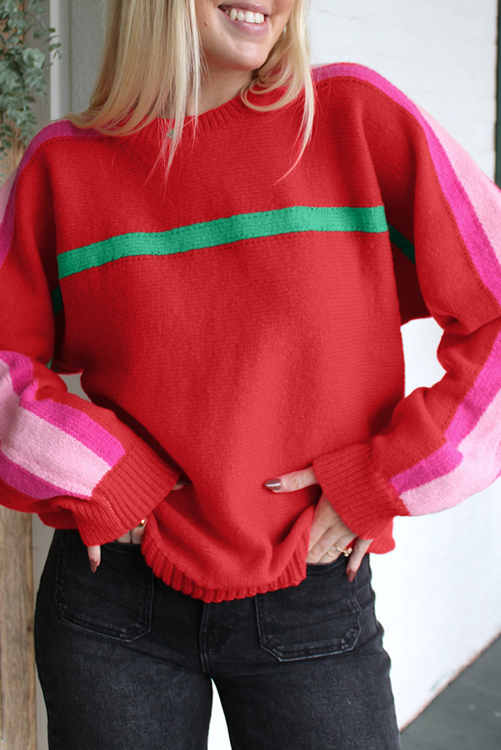 Fiery Red Colorblock Striped Long Sleeve Knit Sweater