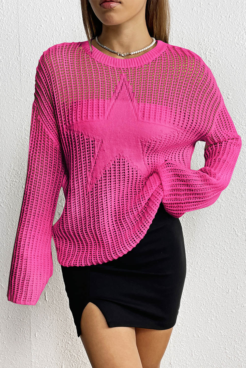 Rose Star Pattern Lightweight Hollow Knit Sweater