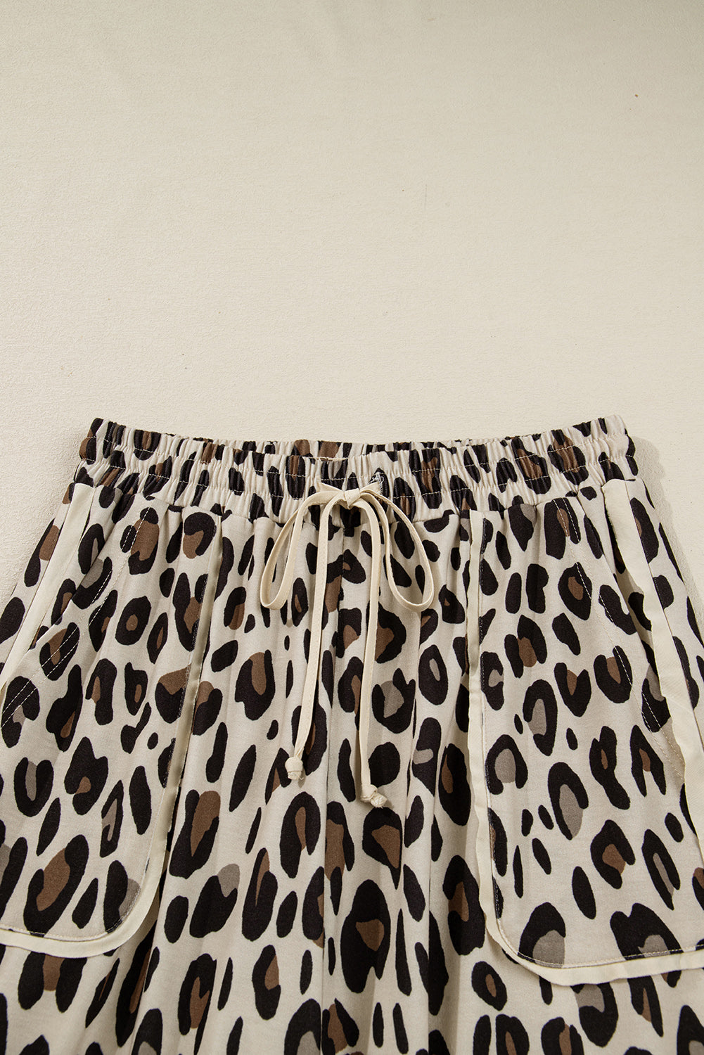 Khaki Leopard Drawstring Wide Leg Cropped Pants