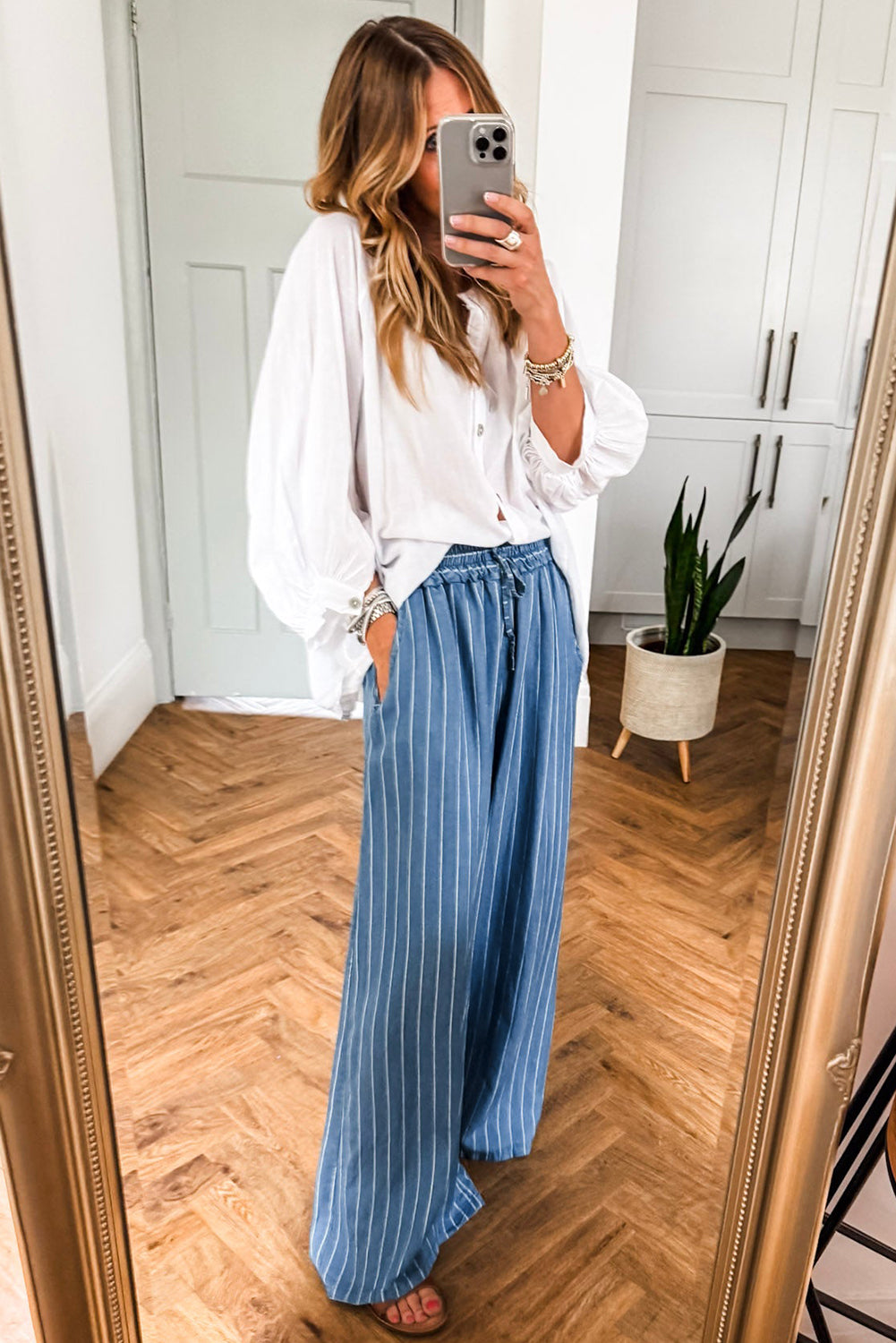 Sky Blue Stripe Chambray Wide Leg Tied Elastic Waist Trousers