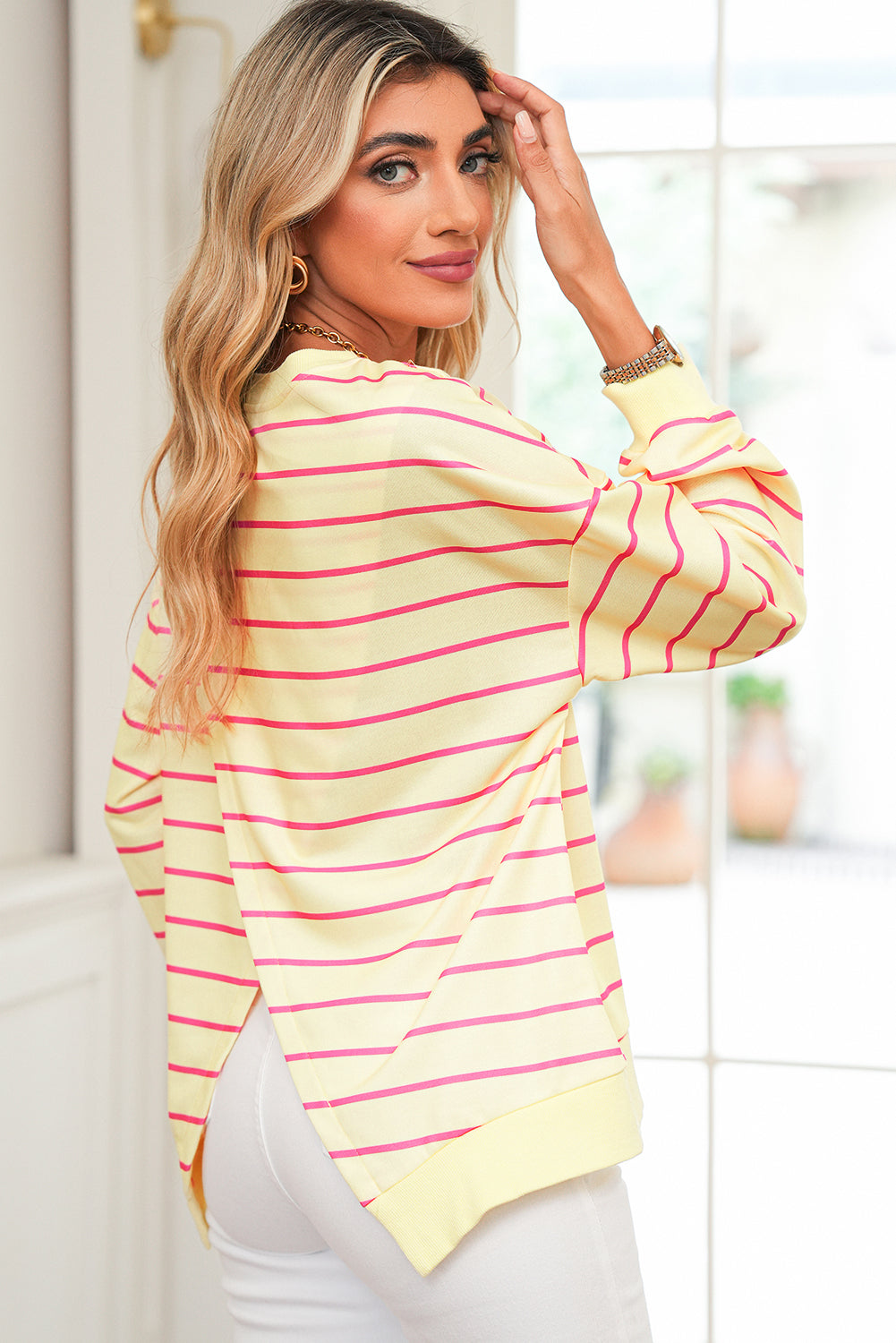 Blue Striped Overlap Detail Drop Shoulder Pullover Sweatshirt