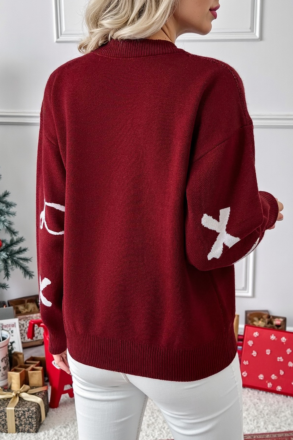 Burgundy Bow Jacquard Round Neck Shift Sweater