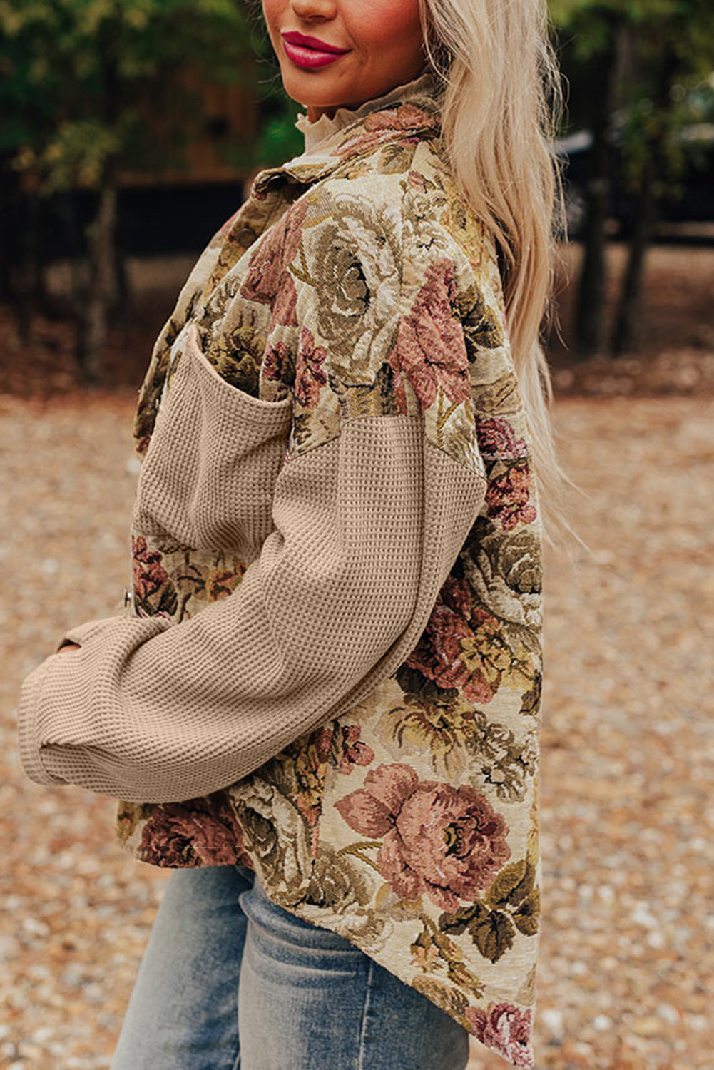 Khaki Floral Waffle Knit Patchwork Chest Pockets Buttoned Jacket
