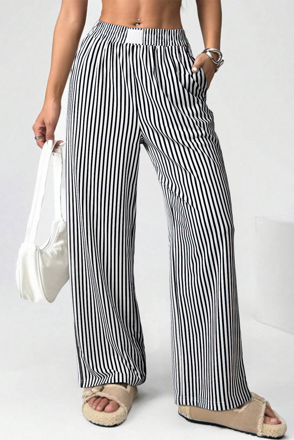 Brown Striped Elastic Waistband Pocketed Loose Pants