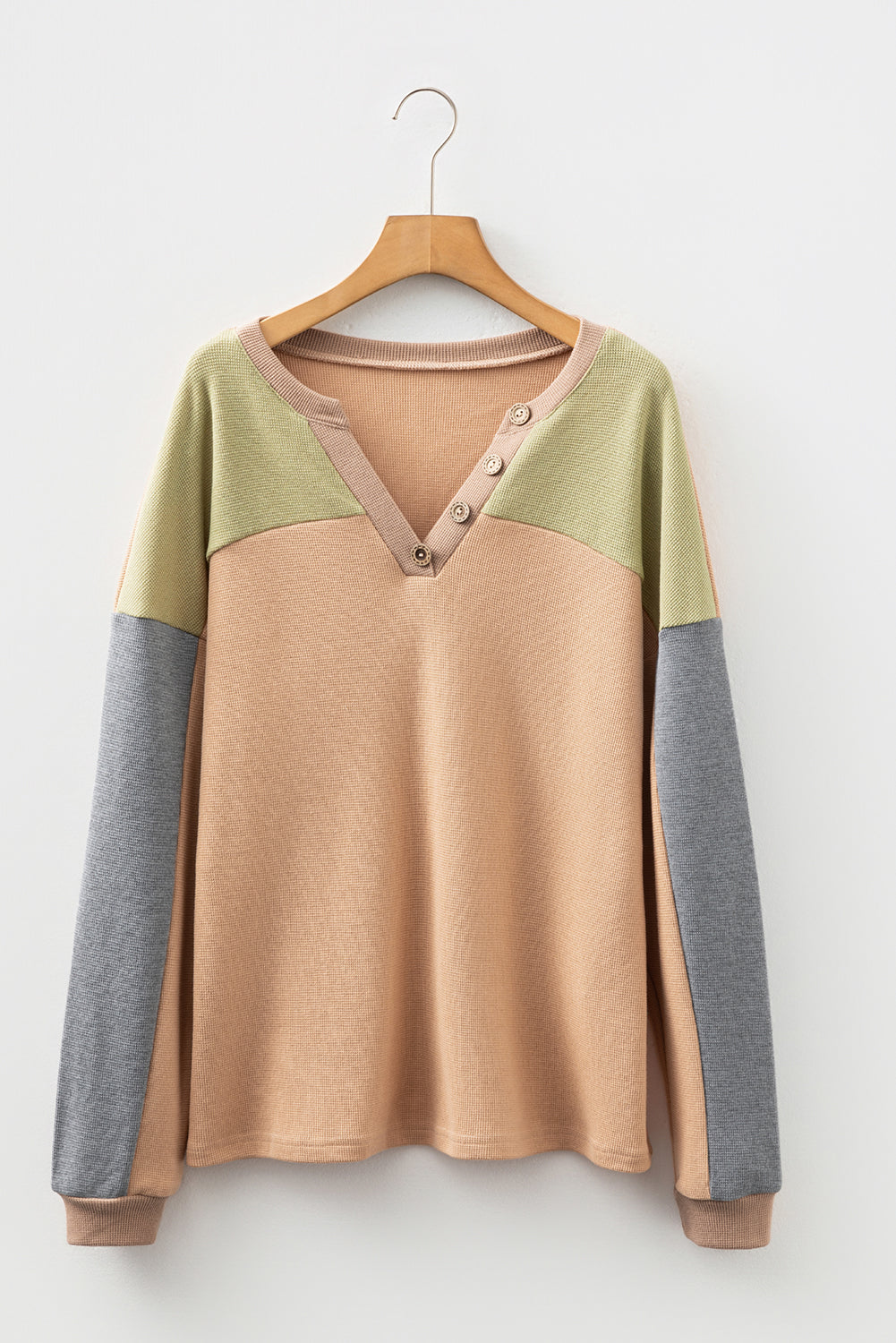 Buckskin Colorblock Thermal Waffle Knit Drop Shoulder Henley Top
