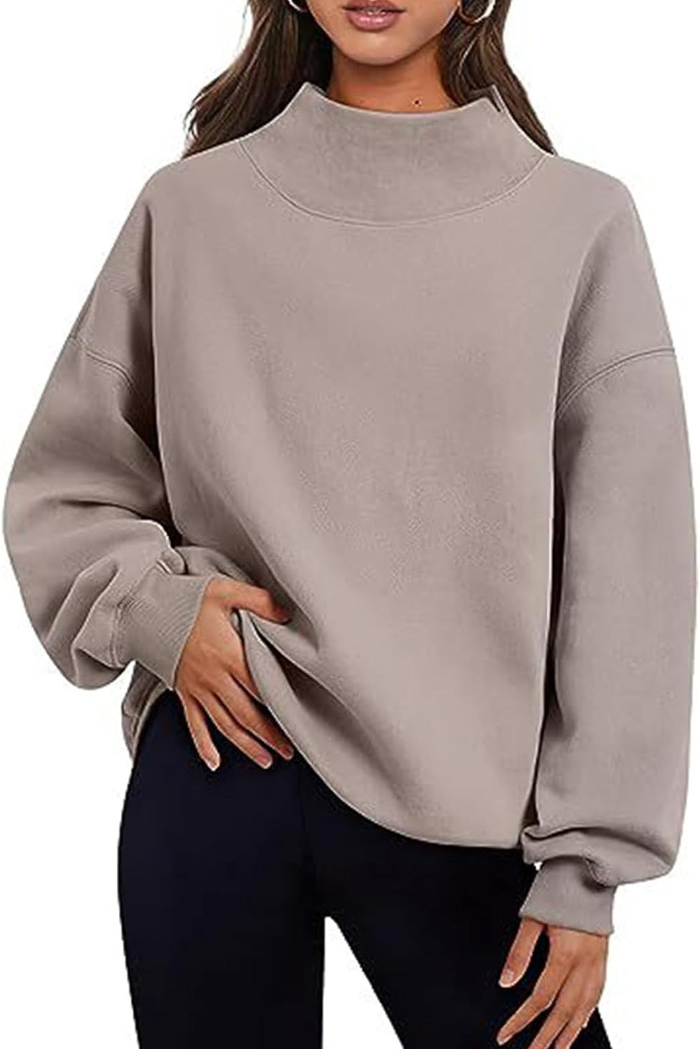Bonbon Solid Color High Neck Long Sleeve Loose Sweatshirt