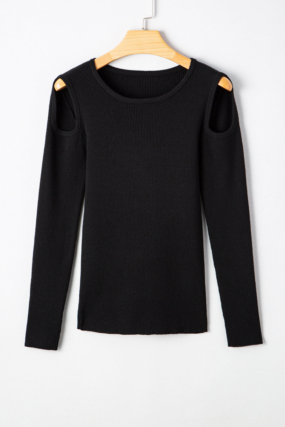 Black Ribbed Knit Cold Shoulder Plain Sweater