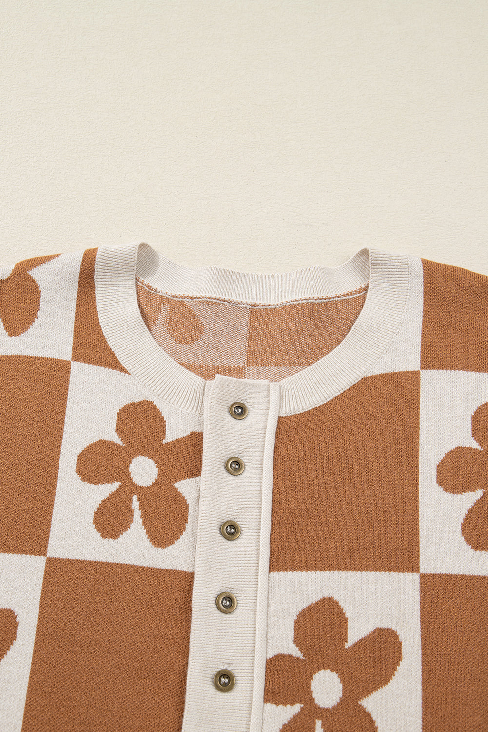 Black Flower Colorblock Checkered Henley Sweater