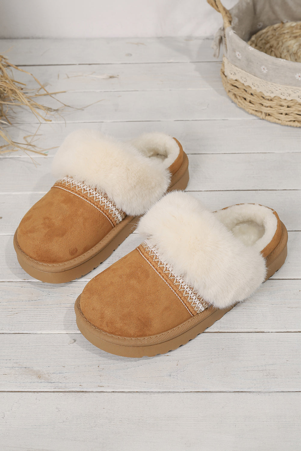 White Suede Fuzzy Winter Warm Platform Slippers