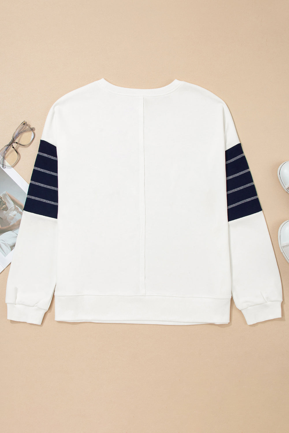 White Denim Patchwork Ribbed Round Neck Pullover Sweatshirt