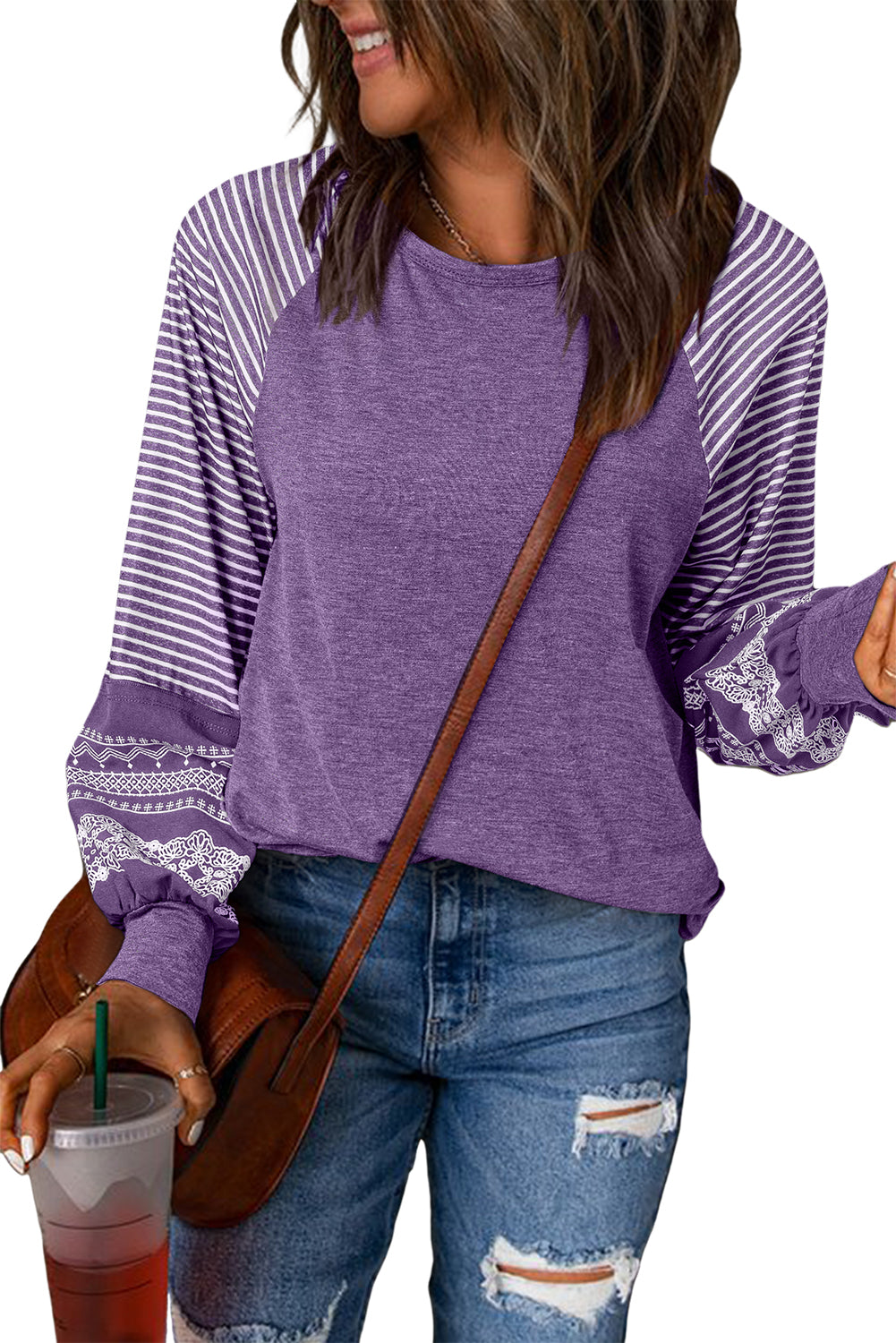Mineral Red Contrast Print Striped Raglan Long Sleeve Loose Top