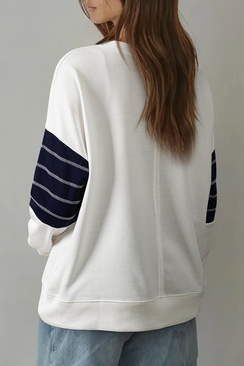 White Denim Patchwork Ribbed Round Neck Pullover Sweatshirt