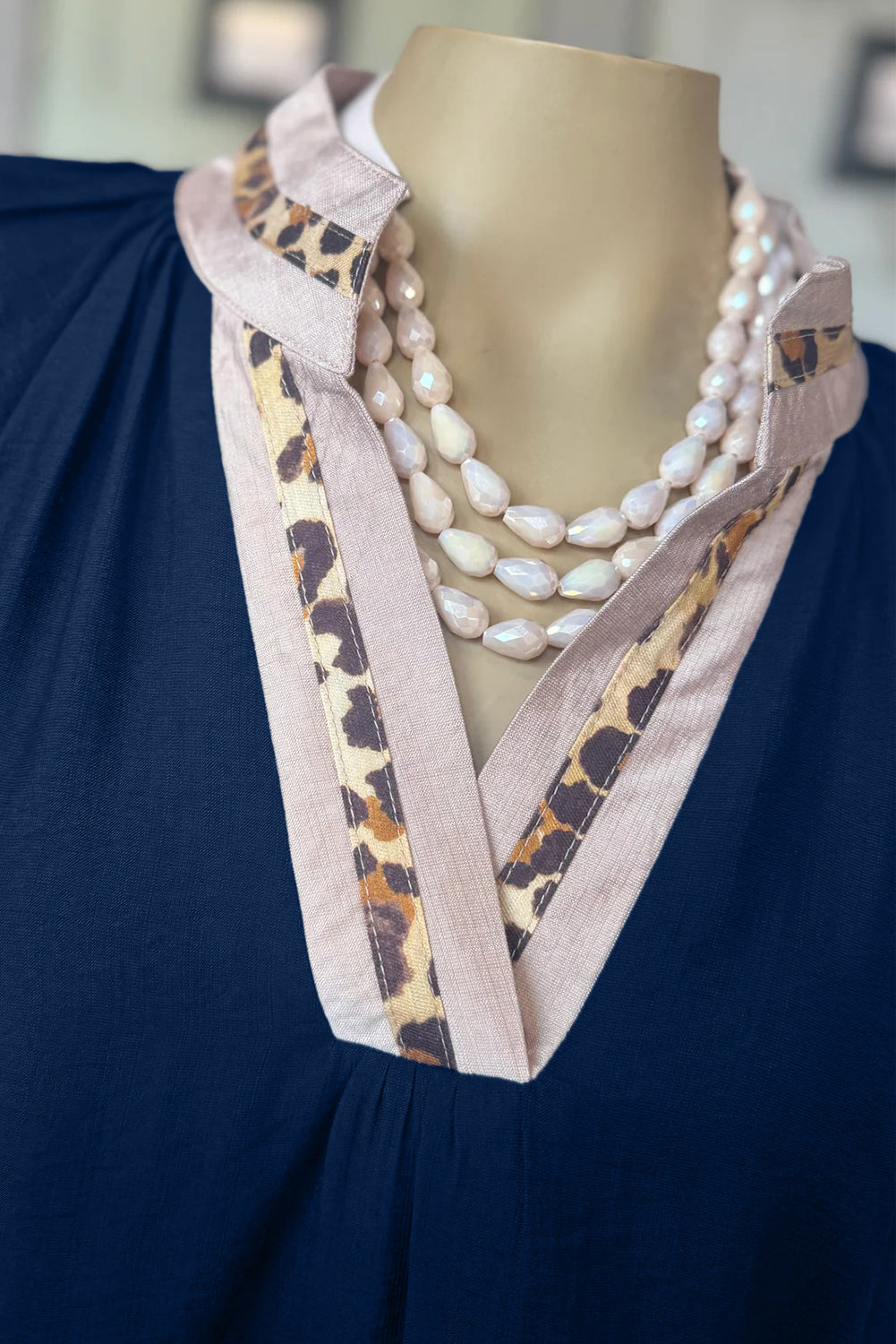 Dirty blue Leopard Trim V Neck Flounced Bracelet Sleeve Blouse