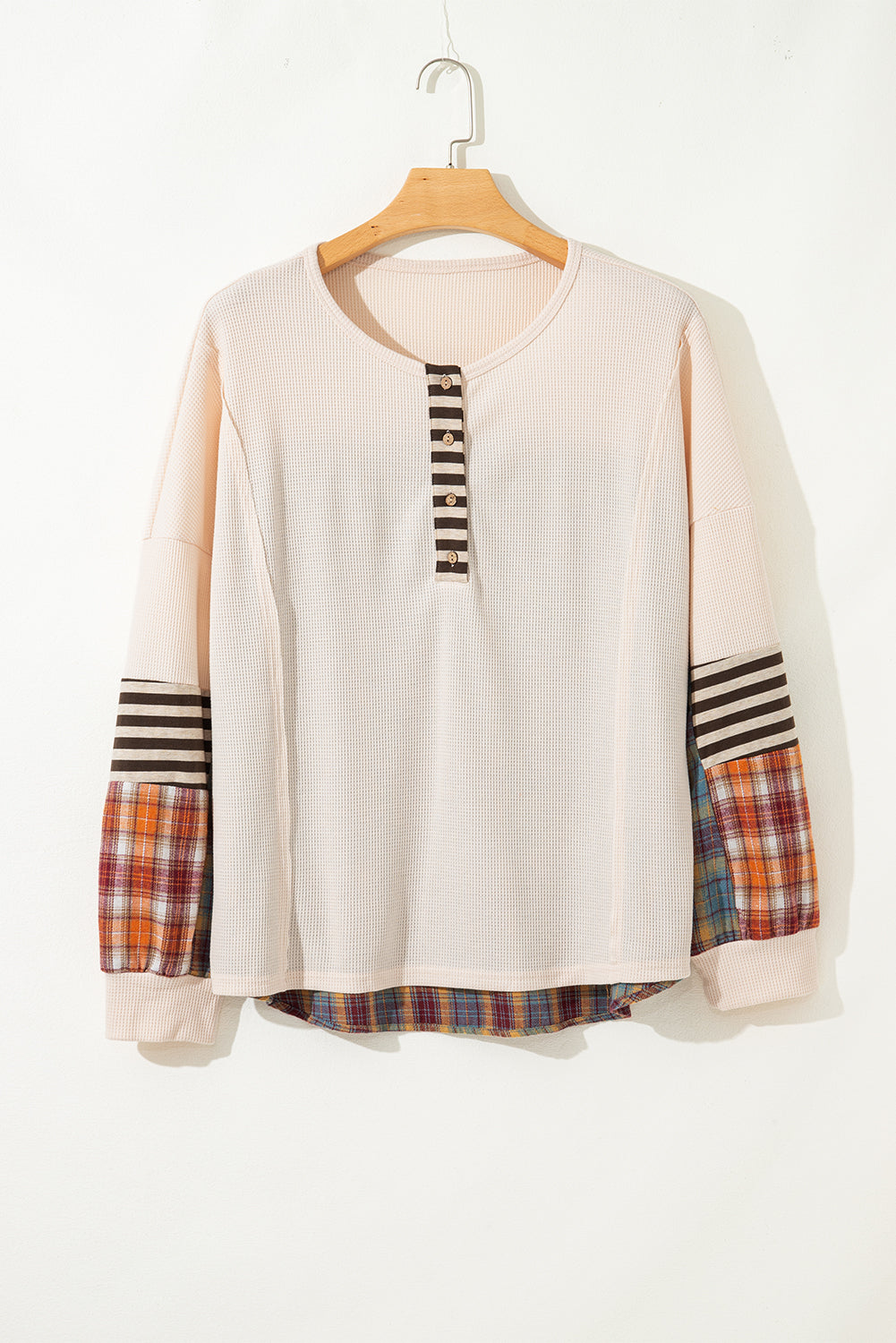 Parchment Plus Size Waffle Striped Plaid Patchwork Henley Pullover