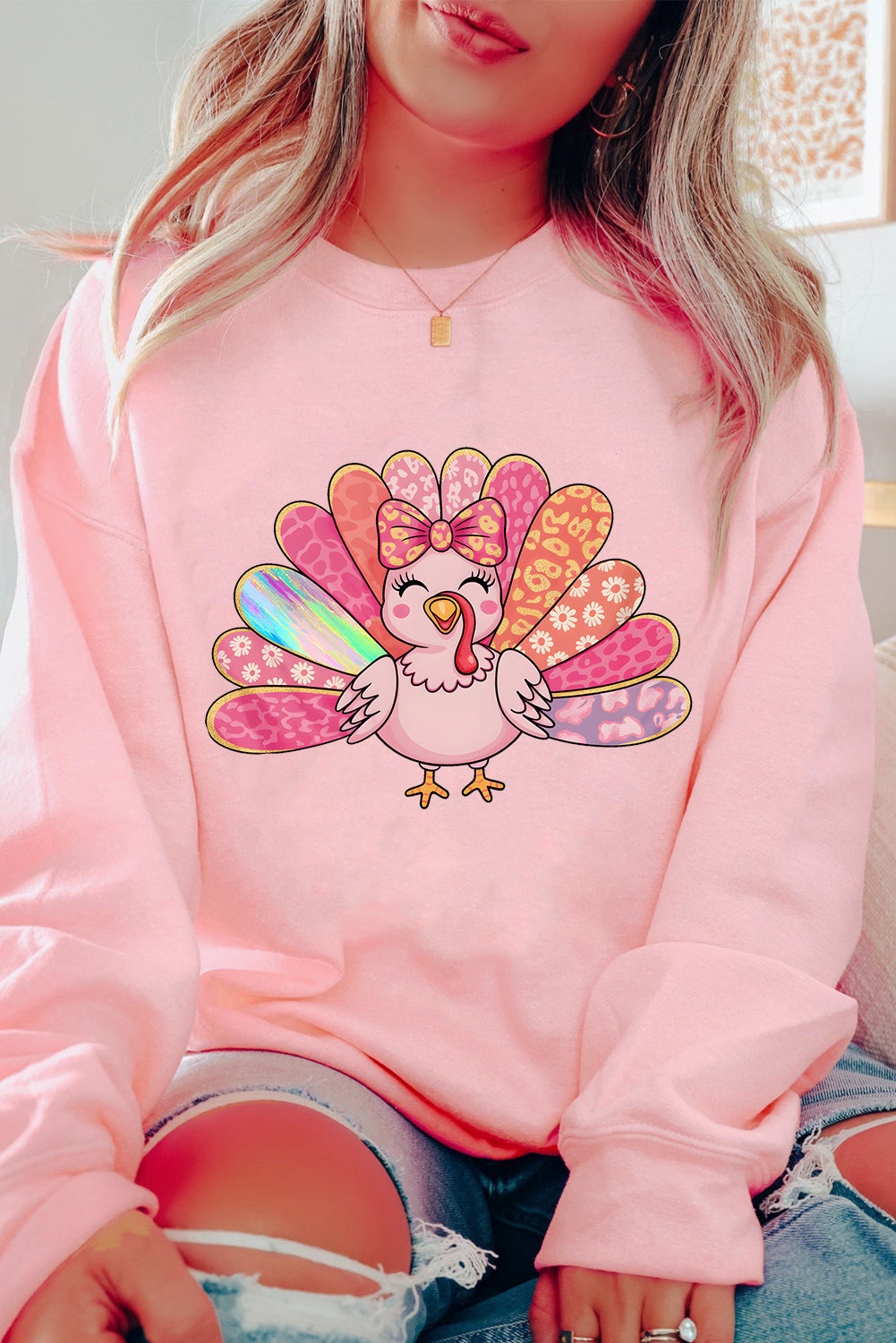 Pink Cute Thanksgiving Turkey Heat Transfer Printing Drop Shoulder Sweatshirt