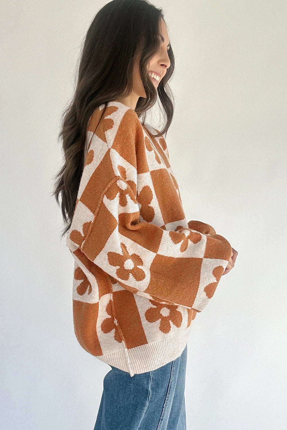 Black Flower Colorblock Checkered Henley Sweater